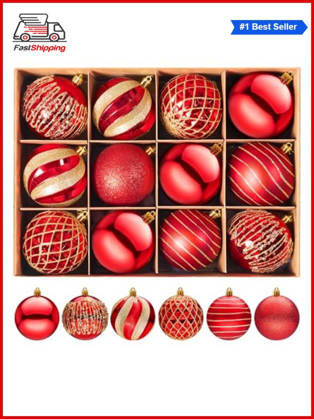 🎅 12 Pcs Christmas Balls Ornaments Set Shatterproof Glittering Hanging Decor